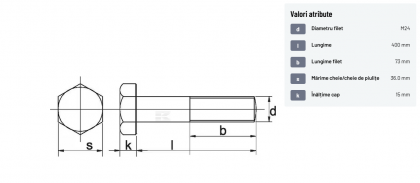 93124400 Șurub cap hexagonal filet parțial DIN931 M24x3x400mm filet 73mm oțel zincat grupa 8.8 Kramp