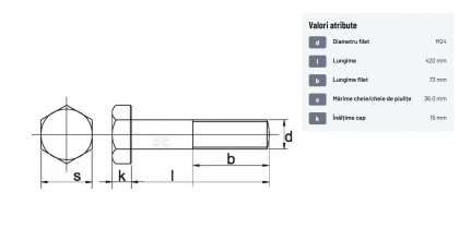 93124420 Șurub cap hexagonal filet parțial DIN931 M24x3x420mm filet 73mm oțel zincat grupa 8.8 Kramp