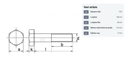 93127180 Șurub cap hexagonal filet parțial DIN931 M27x3x180mm filet 66mm oțel zincat grupa 8.8 Kramp