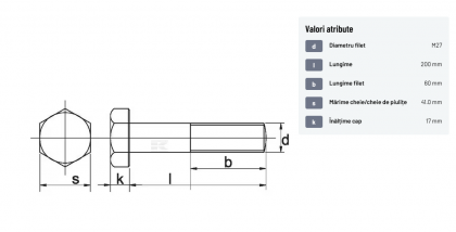 93127200 Șurub cap hexagonal filet parțial DIN931 M27x3x200mm filet 60mm oțel zincat grupa 8.8 Kramp