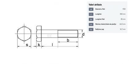 93130300 Șurub cap hexagonal filet parțial DIN931 M30x3,5x300mm filet 85mm oțel zincat grupa 8.8