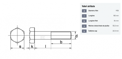 93136160 Șurub cap hexagonal filet parțial DIN931 M36x4x160mm filet 84mm oțel zincat grupa 8.8
