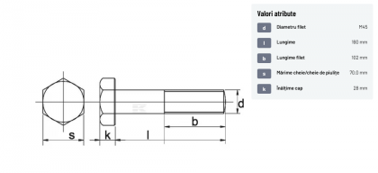 93145160 Șurub cap hexagonal filet parțial DIN931 M45x4,5x160mm filet 102mm oțel zincat grupa 8.8