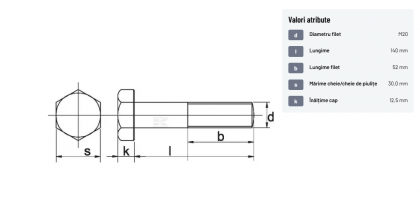 93120140129B Șurub cap hexagonal filet parțial DIN931 M20x2,5x140mm filet 52mm oțel grupa 12.9