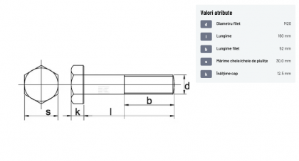 93120160129B Șurub cap hexagonal filet parțial DIN931 M20x2,5x160mm filet 52mm oțel grupa 12.9