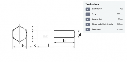 93120200129B Șurub cap hexagonal filet parțial DIN931 M20x2,5x200mm filet 52mm oțel grupa 12.9