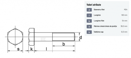 93124100129B Șurub cap hexagonal filet parțial DIN931 M24x3x100mm filet 54mm oțel grupa 12.9