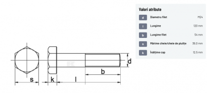 93124120129B Șurub cap hexagonal filet parțial DIN931 M24x3x120mm filet 54mm oțel grupa 12.9