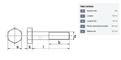 93124130129B Șurub cap hexagonal filet parțial DIN931 M24x3x130mm filet 60mm oțel grupa 12.9