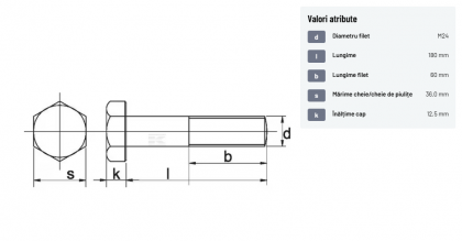 93124180129B Șurub cap hexagonal filet parțial DIN931 M24x3x180mm filet 60mm oțel grupa 12.9