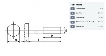 93124200129B Șurub cap hexagonal filet parțial DIN931 M24x3x200mm filet 65mm oțel grupa 12.9
