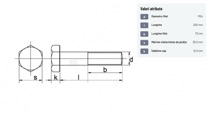 93124220129B Șurub cap hexagonal filet parțial DIN931 M24x3x220mm filet 73mm oțel grupa 12.9