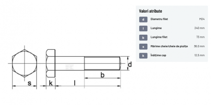 93124240129B Șurub cap hexagonal filet parțial DIN931 M24x3x240mm filet 73mm oțel grupa 12.9
