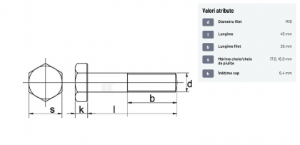 9311045129B Șurub cap hexagonal filet parțial DIN931 M10x1,5x45mm filet 26mm oțel grupa 12.9