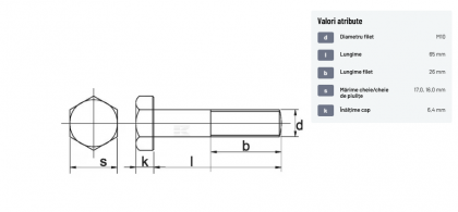 9311065129B Șurub cap hexagonal filet parțial DIN931 M10x1,5x65mm filet 26mm oțel grupa 12.9