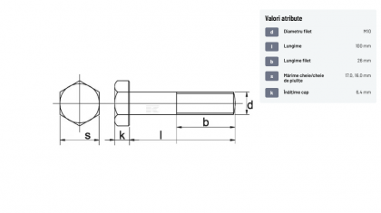 93110100129B Șurub cap hexagonal filet parțial DIN931 M10x1,5x100mm filet 26mm oțel grupa 12.9