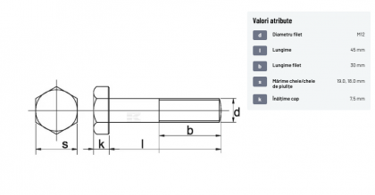 9311245129B Șurub cap hexagonal filet parțial DIN931 M12x1,75x45mm filet 30mm oțel grupa 12.9