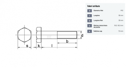 9311255129B Șurub cap hexagonal filet parțial DIN931 M12x1,75x55mm filet 30mm oțel grupa 12.9