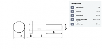 9311265129B Șurub cap hexagonal filet parțial DIN931 M12x1,75x65mm filet 30mm oțel grupa 12.9