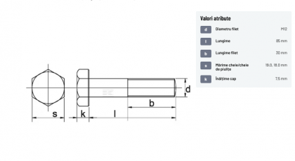 9311285129B Șurub cap hexagonal filet parțial DIN931 M12x1,75x85mm filet 30mm oțel grupa 12.9