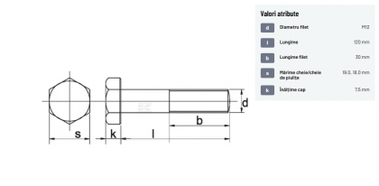 93112120129B Șurub cap hexagonal filet parțial DIN931 M12x1,75x120mm filet 30mm oțel grupa 12.9