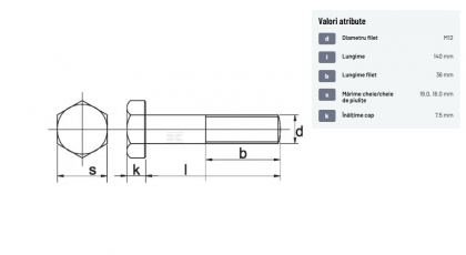 93112140129B Șurub cap hexagonal filet parțial DIN931 M12x1,75x140mm filet 36mm oțel grupa 12.9
