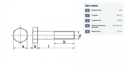 93112150129B Șurub cap hexagonal filet parțial DIN931 M12x1,75x150mm filet 36mm oțel grupa 12.9