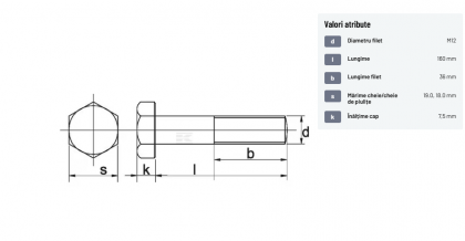 9311655129B Șurub cap hexagonal filet parțial DIN931 M16x2x55mm filet 38mm oțel grupa 12.9