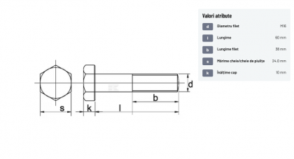 9311660129B Șurub cap hexagonal filet parțial DIN931 M16x2x60mm filet 38mm oțel grupa 12.9