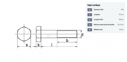 9311670129B Șurub cap hexagonal filet parțial DIN931 M16x2x70mm filet 38mm oțel grupa 12.9