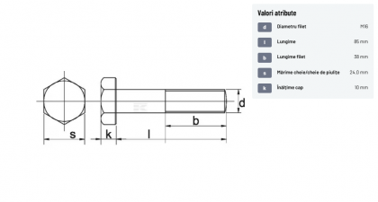 9311685129B Șurub cap hexagonal filet parțial DIN931 M16x2x85mm filet 38mm oțel grupa 12.9