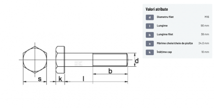9311690129B Șurub cap hexagonal filet parțial DIN931 M16x2x90mm filet 38mm oțel grupa 12.9