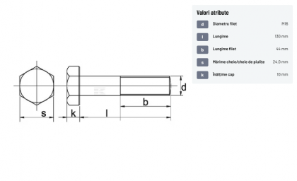 93116130129B Șurub cap hexagonal filet parțial DIN931 M16x2x130mm filet 44mm oțel grupa 12.9