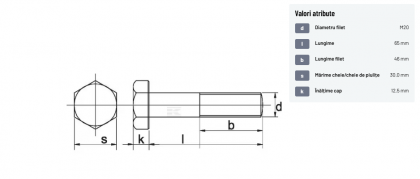 9312065129B Șurub cap hexagonal filet parțial DIN931 M20x2,5x65mm filet 46mm oțel grupa 12.9