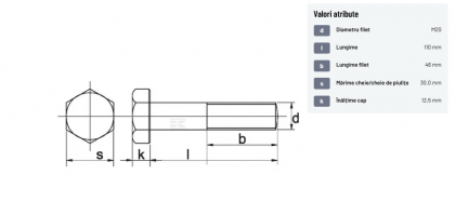 93120110129B Șurub cap hexagonal filet parțial DIN931 M20x2,5x110mm filet 46mm oțel grupa 12.9