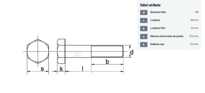 931880109B Șurub cap hexagonal filet parțial DIN931 M8x1,25x80mm filet 22mm oțel grupa 10.9
