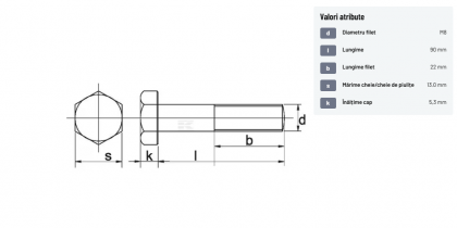 931890109B Șurub cap hexagonal filet parțial DIN931 M8x1,25x90mm filet 22mm oțel grupa 10.9