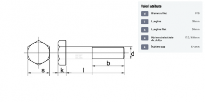9311070109B Șurub cap hexagonal filet parțial DIN931 M10x1,5x70mm filet 26mm oțel grupa 10.9