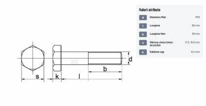 9311080109B Șurub cap hexagonal filet parțial DIN931 M10x1,5x80mm filet 26mm oțel grupa 10.9