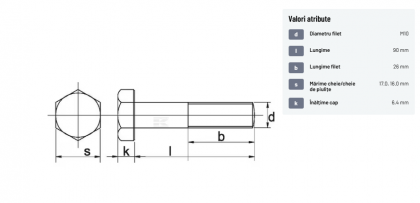 9311090109B Șurub cap hexagonal filet parțial DIN931 M10x1,5x90mm filet 26mm oțel grupa 10.9