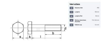 93110100109B Șurub cap hexagonal filet parțial DIN931 M10x1,5x100mm filet 26mm oțel grupa 10.9