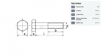 93110130109B Șurub cap hexagonal filet parțial DIN931 M10x1,5x130mm filet 32mm oțel grupa 10.9