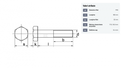 93110160109B Șurub cap hexagonal filet parțial DIN931 M10x1,5x160mm filet 32mm oțel grupa 10.9