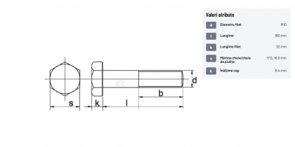 93110180109B Șurub cap hexagonal filet parțial DIN931 M10x1,5x180mm filet 32mm oțel grupa 10.9