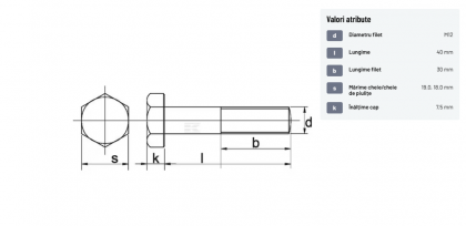 9311240109B Șurub cap hexagonal filet parțial DIN931 M12x1,75x40mm filet 30mm oțel grupa 10.9