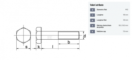 9311255109B Șurub cap hexagonal filet parțial DIN931 M12x1,75x55mm filet 30mm oțel grupa 10.9