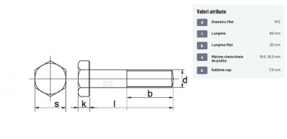 9311260109B Șurub cap hexagonal filet parțial DIN931 M12x1,75x60mm filet 30mm oțel grupa 10.9