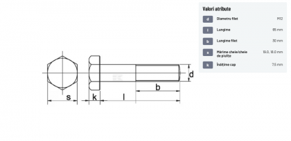 9311265109B Șurub cap hexagonal filet parțial DIN931 M12x1,75x65mm filet 30mm oțel grupa 10.9