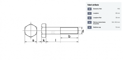 9311280109B Șurub cap hexagonal filet parțial DIN931 M12x1,75x80mm filet 30mm oțel grupa 10.9