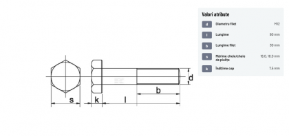 9311290109B Șurub cap hexagonal filet parțial DIN931 M12x1,75x90mm filet 30mm oțel grupa 10.9